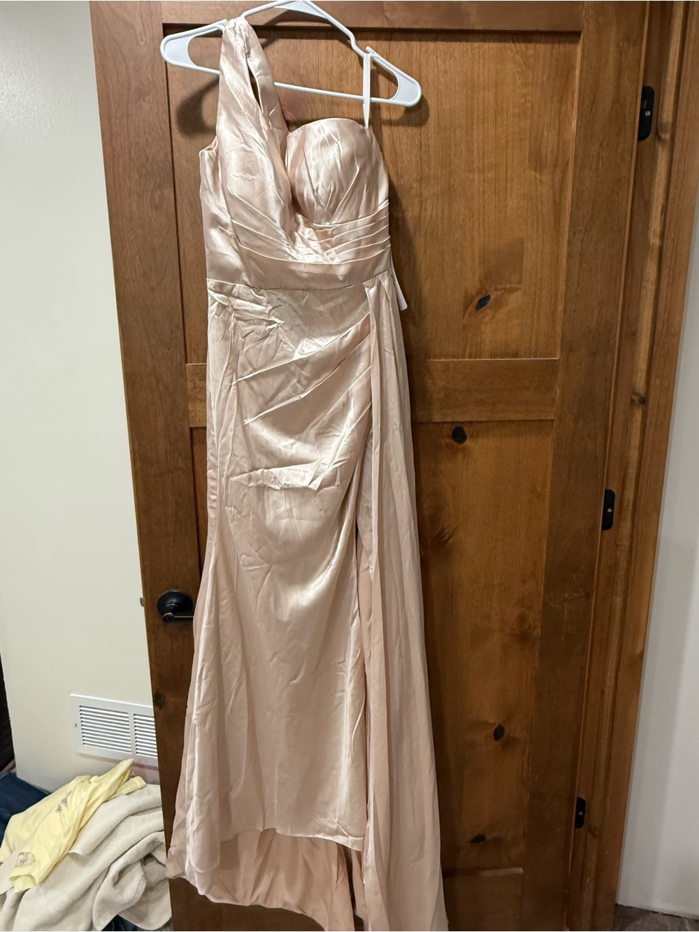 One-Shoulder Satin Evening Gown in champagne